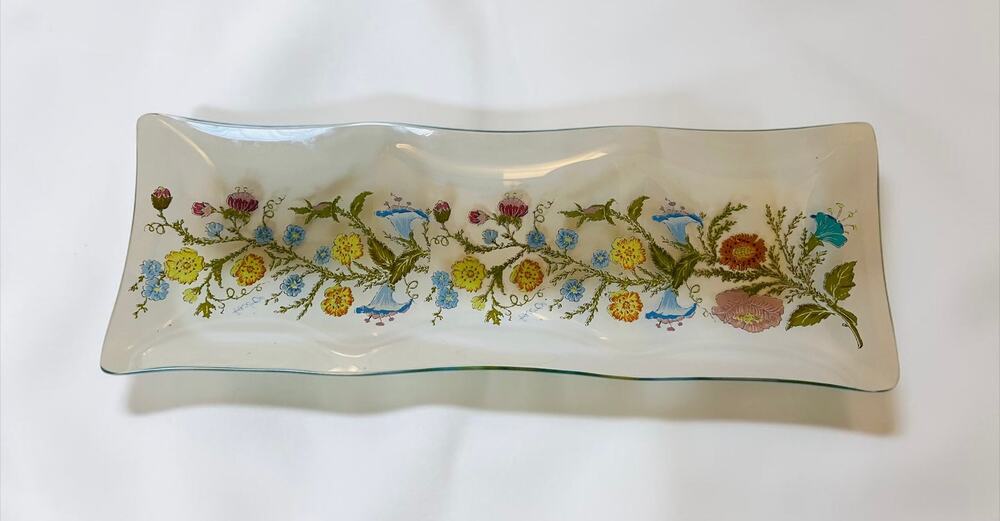 VINTAGE Dorothy Thorpe California Wildflowers Glass Tray Floral Trinket Dish